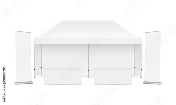 Fototapeta Outdoor Trade Show Booth Mockup. Rectangular Tent With Demonstration Tables and Rollups. Vector Illustration