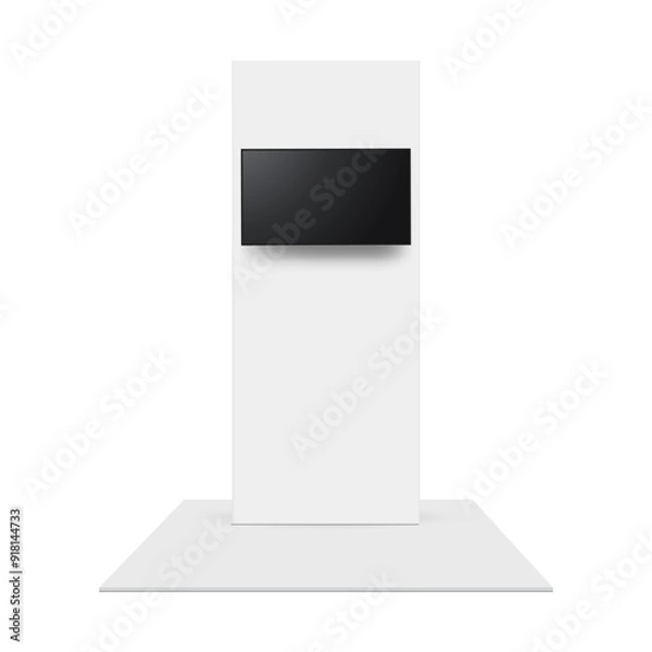 Fototapeta Blank Exhibition Vertical Banner With Hanging TV Screen, Front View, Isolated On White Background. Vector Illustration