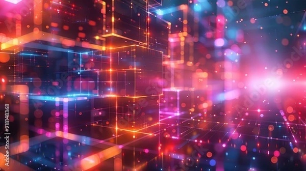 Fototapeta Vibrant Abstract Digital Art with Neon Lights and Geometric Shapes in a Futuristic Virtual Space