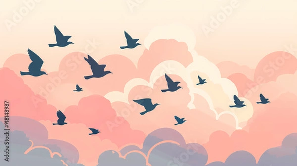 Fototapeta Illustration of Birds Flying in the Clouds, Simple and Serene Flat Color Design
