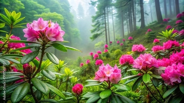 Fototapeta Vibrant pink rhododendron flowers bloom amidst lush green foliage, delicate petals unfolding like silk umbrellas, against a soft, misty background of a serene forest atmosphere.