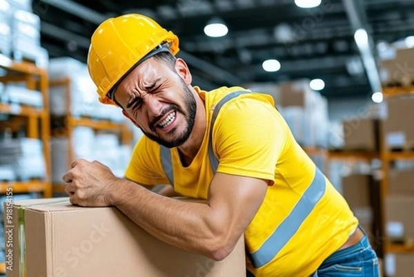 Fototapeta A realistic image of a worker experiencing acute back pain while lifting a heavy box