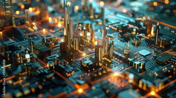 Obraz Cityscape Built on a Circuit Board