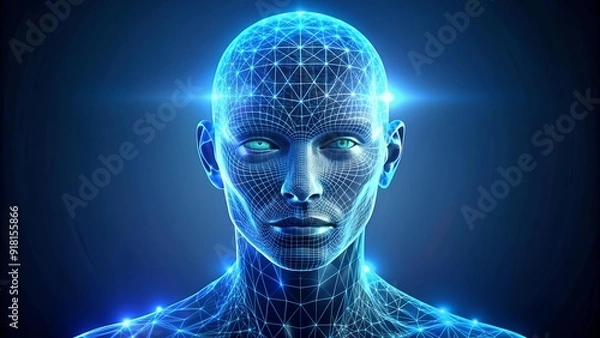 Fototapeta A Futuristic Human Head Model with a Glowing Blue Outline Against a Dark Background, Symbolizing Advanced Technology and AI  generative AI