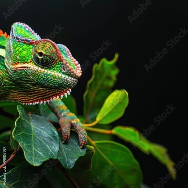 Fototapeta A green and yellow chameleon is on a leaf