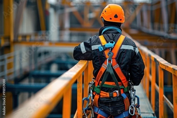 Fototapeta Worker using a harness on a high platform, occupational safety, fall prevention