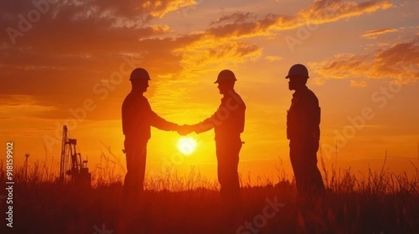 Fototapeta Silhouetted Workers Shaking Hands at Sunset