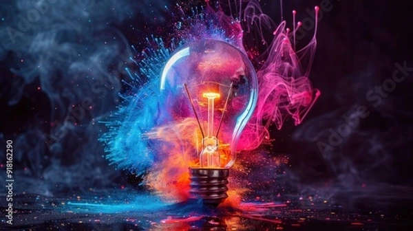 Fototapeta Explosive Creativity: Colorful Paint Splashes from Light Bulb on Black Background - Unique Idea Concept
