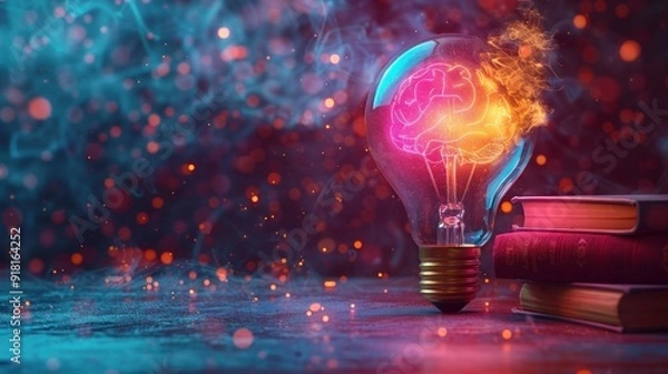 Fototapeta Brain Boost: Colorful Lightbulb with Books and Stationery - Education Concept