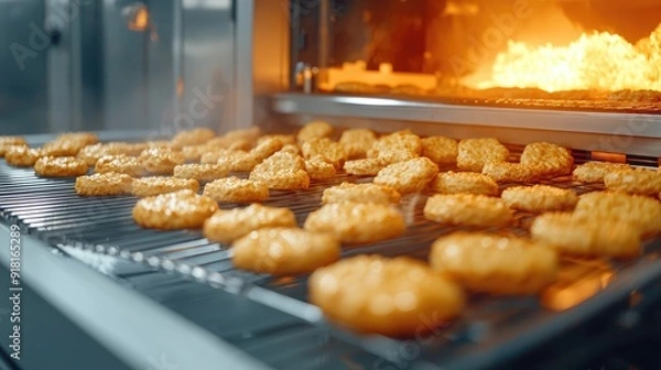 Fototapeta Efficient Automation in Industrial Baking: Continuous Conveyor Oven for Food Processing, Generative Ai