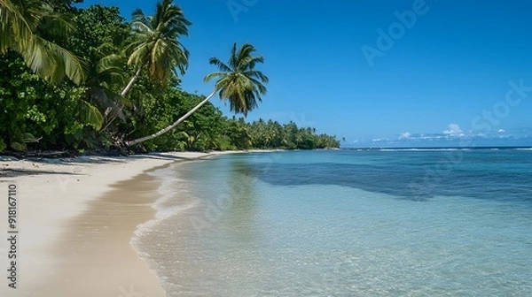 Obraz 83. A serene tropical beach with clear water, white sand, and a few palm trees swaying in the breeze