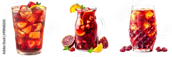 Fototapeta Set of 3 Red Sangria on a Transparent Background, drink, beverage, coffee, hot, ice, cocktail, alcoholic, smoothie, party, bar, juice, pub, png file, cut off bg, 300 dpi