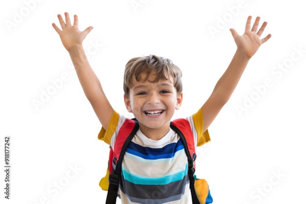 Fototapeta A happy young boy with a backpack smiles and waves his arms while standing isolated on white or transparent background