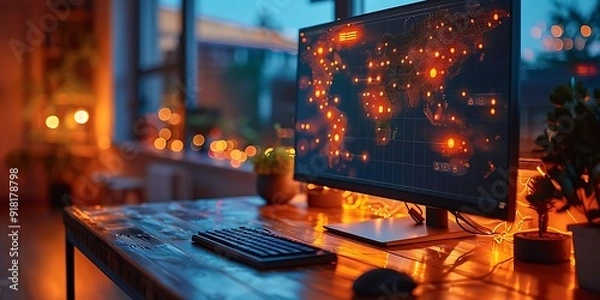 Fototapeta Technology Smart home with connected devices and digital icons Glowing house with symbolism	
