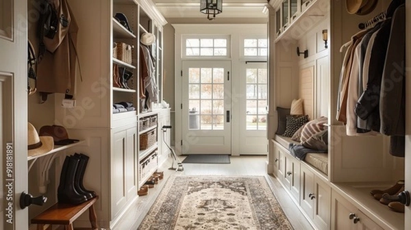 Fototapeta Mudrooms can keep your home organized and clean. How do you design a functional mudroom? Discuss any storage solutions or design elements that help manage outerwear, shoes, and gear