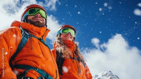 Fototapeta a couple in orange jacket and trousers, green glasses with helmet climbing snowy mountain, blue sky with clouds background. Winter sport concept. 