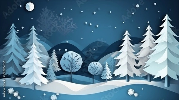 Fototapeta A blue and white paper drawing of a snowy forest with trees and a moon