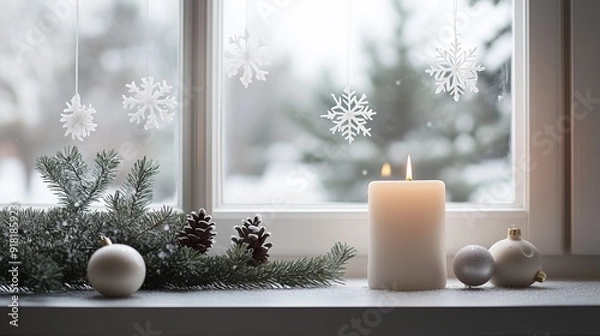 Fototapeta 窓辺のクリスマスディスプレー、シンプルで美しい