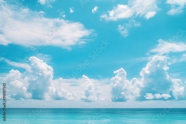 Fototapeta Panorama of clear sky background for summer vacation concept at ocean and summer sea water with sunlight of beautiful cloudy sky with generative ai