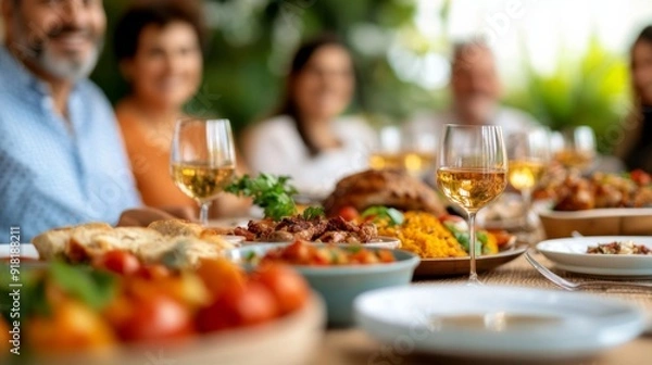 Fototapeta Spanish family enjoying a meal together, large table filled with traditional dishes, lively conversation, warm and inviting setting 