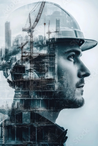 Fototapeta Engineering,  A male engineer in a hard hat blends with a bustling construction site in a double exposure, showcasing cranes and blueprints surrounding him, emphasizing his role in