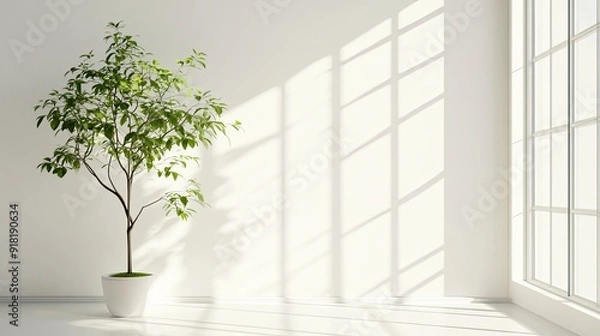 Fototapeta A simple, modern interior featuring a white room with a green plant by a window, bathed in natural sunlight.