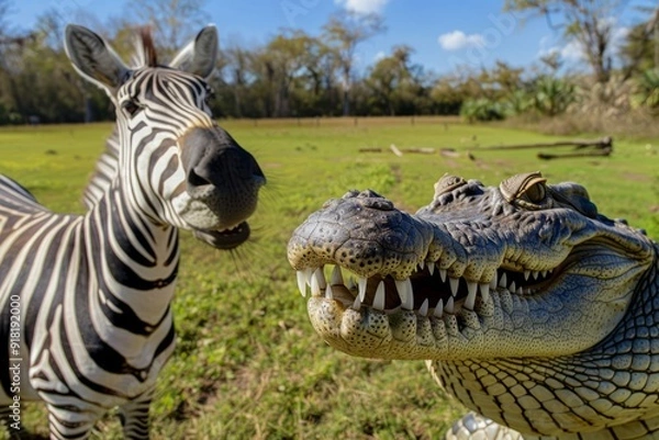 Fototapeta A crocodile taking a selfie with a zebra