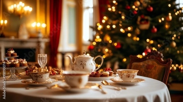 Fototapeta Victorian parlor room with a Christmas tree and a table set with tea and treats, cozy atmosphere, warm lighting, wide angle 