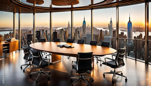 Obraz Innenansicht Büro Konferenzraum leer mit Besprechung Tisch und Stühlen große Glasfassade Fensterfront mit Blick auf urbane Büro Hochhäuser einer Großstadt, wie New York