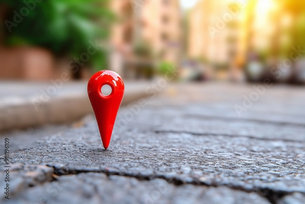 Obraz A red pin marker on the ground, like an icon for maps. symbolizing location information or branding within online search engine applications.