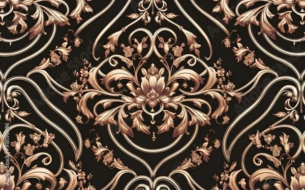 Fototapeta Luxurious Black Background with Intricate Metallic Floral and Curved Patterns