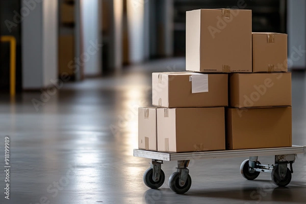 Obraz A dolly cart with boxes in the warehouse, illuminated by soft light, symbolizing the bustling activity of cargo delivery and transportation service for global trade.