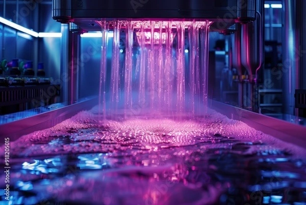Fototapeta Catalytic Cascade. Streams of liquid illuminated by pink and purple light, cascading into a reflective surface in an industrial setting. Ideal for futuristic or technological themes. Photo, horizontal