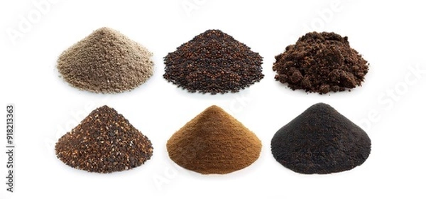 Fototapeta Six different types of soil isolated on a white background. The soil samples are arranged in a row, with the lightest soil on the left and the darkest soil on the right. 