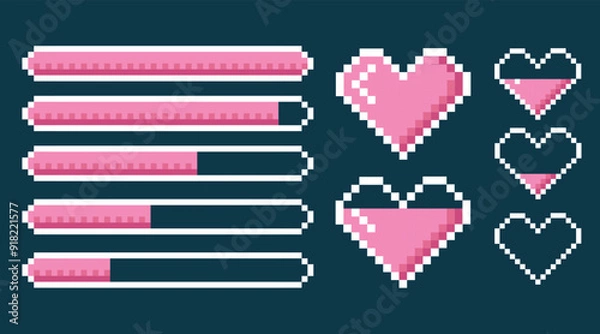 Obraz Pixel heart iсon set in retro style. the level of health in the game a strip of life and heart in pink