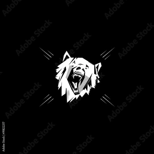 Obraz Black and white monochrome emblem, symbol, logotype, sign, badge, sticker, poster of a bear, dog, wolf. Identity, T-shirt, textile, cloth, apparel, tattoo, print usage