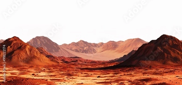 Obraz Red desert landscape with mountains in the distance. A panoramic view of a vast desert with red sand dunes and rugged mountains.