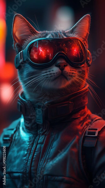 Fototapeta portrait of cat wearing cyberpunk goggles and a black jacket cyberpunk style red light reflections on its glasses cool tones