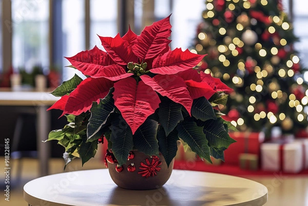Fototapeta Poinsettia plant with Christmas tree in the background.