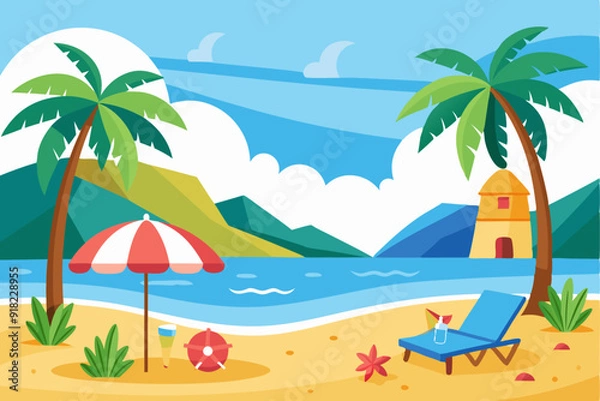 Fototapeta Beach Scene with Palm Trees, an Umbrella, and a Lounger