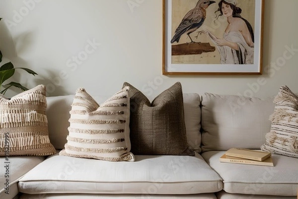Fototapeta Cozy living room with a beige sofa adorned with textured and patterned pillows. framed art piece depicting bird and a woman hangs on the wall. A potted plant and book add to the serene atmosphere home
