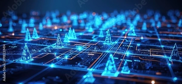 Fototapeta Abstract digital background of glowing blue Christmas trees connected by lines and dots on a circuit board. Futuristic holiday theme with technology and network concept.