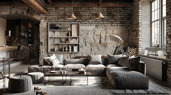 Obraz Rustic interior home design of modern living room with gray sofa and rustic barn wood table with wooden furniture shelves against black wall