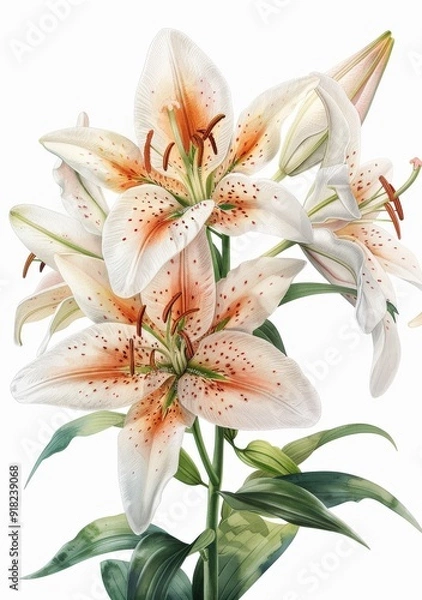 Fototapeta A detailed illustration of white and orange lilies with green leaves.