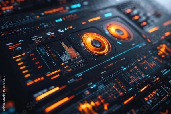 Fototapeta Futuristic digital interface with glowing elements and data visualizations.