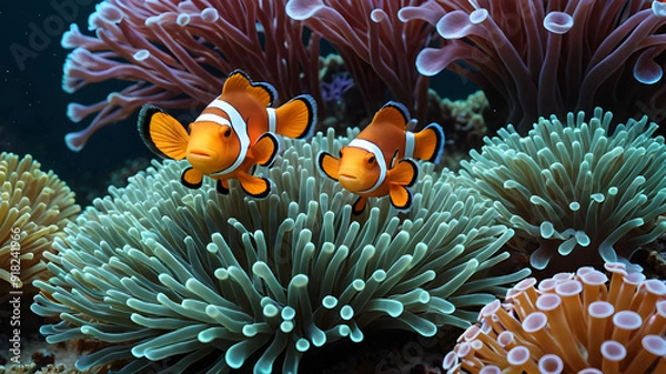 Fototapeta Vibrant symbiosis of Clownfish (Amphiprion ocellaris) and anemones in this stunning photo. Colorful fish swim gracefully among the protective tentacles of their anemone hosts. Generative AI.
