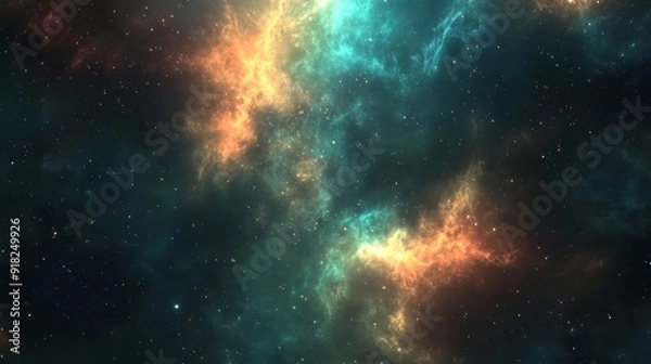 Fototapeta A mesmerizing cosmic landscape featuring vibrant nebulae in hues of teal and orange, scattered with twinkling stars against a dark backdrop.
