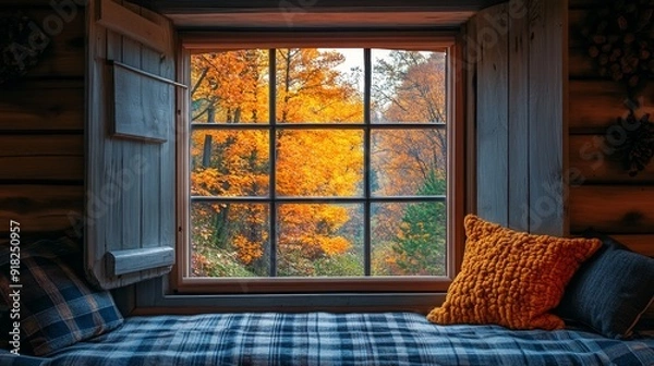 Obraz A window seat with a plaid blanket and a view of autumn trees.