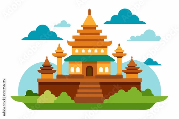 Fototapeta A there is a picture of a being with temple background, khmer temple, khmer art vector