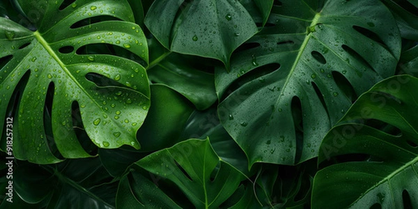 Fototapeta Closeup nature view of green leaf, tropical leaves background top view. 
